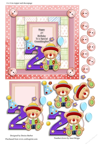 300dpi 6 x 6ins Topper & decoupage, pink, clown, Granddaughter 2nd Birthday, or own choice