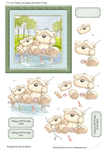 300dpi 5 x 5 ins Topper and decoupage, Birthday Teddies Fishing,choice of tag 