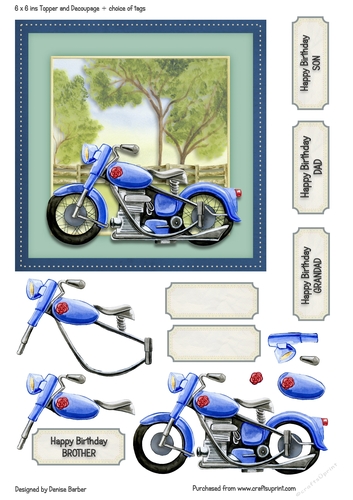300dpi 6 x 6 ins Topper and decoupage, Birthday, blue motor bike, choice of tags, male birthday