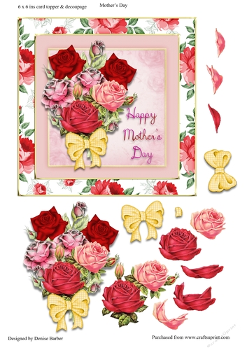 300dpi 6 x 6 ins topper & decoupage, Bunch of Roses for mothers day