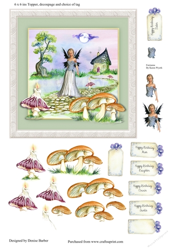 300dpi 6 x 6 ins  Fairy scene Card Topper & Decoupage and choice of female relative tags + blank