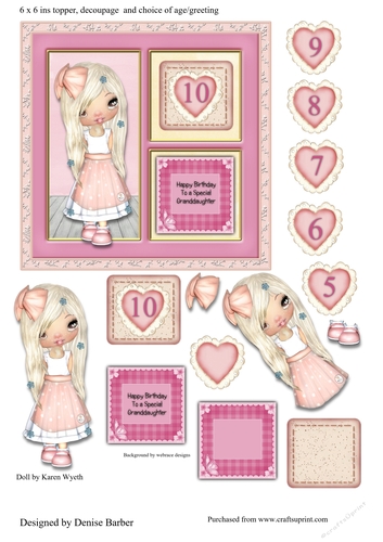 300dpi 6 x 6ins doll topper, decoupage, granddaughter 10th Birthday choice of age/message