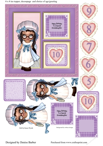 300dpi 6 x 6 ins Card Topper & decoupage, Birthday ages 5-10, purple