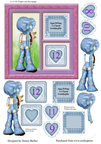 300dpi 6 x 6 ins Card front topper & decoupage, Granddaughter 12th Birthday or own choice 8 -12