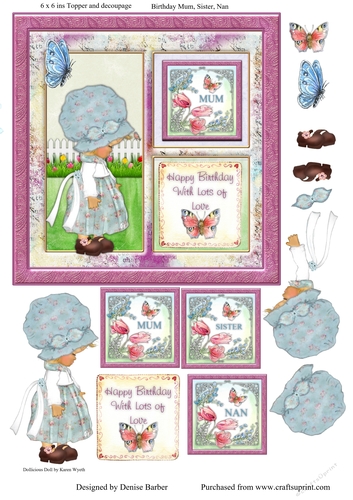 300dpi 6 x 6 ins Card front topper & decoupage, little girl & butterflies, Birthday Mum/Sister/Nan