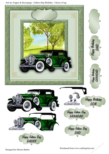 300dpi 6x6ins Card front topper & decoupage  Vintage car - Fathers Day/Birthday