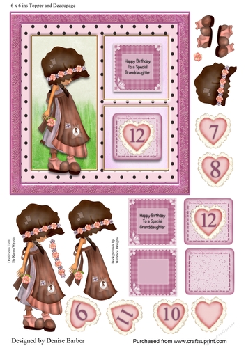 300dpi 6 x 6 ins Card front topper & decoupage, Granddaughter 12th Birthday or own choice - ages 7 - 12
