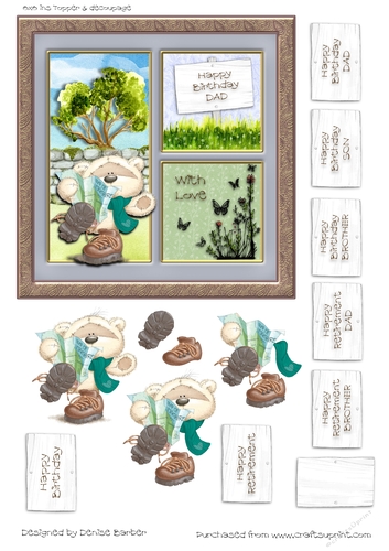 300dpi 6 x 6 ins Topper and decoupage of bear Hiker-Birthday/retirement-male