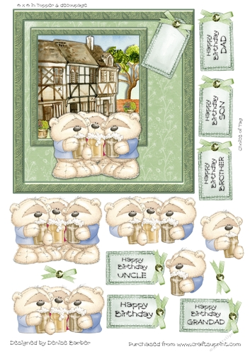 300dpi 6 x 6in Topper and decoupage- Male Relative Birthday - Bears drinking