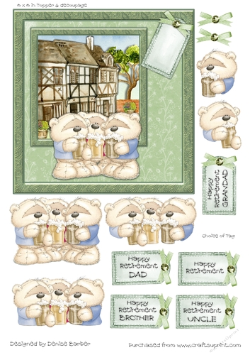 300dpi 6 x 6in Topper and decoupage- Male Relative Retirement - Bears drinking