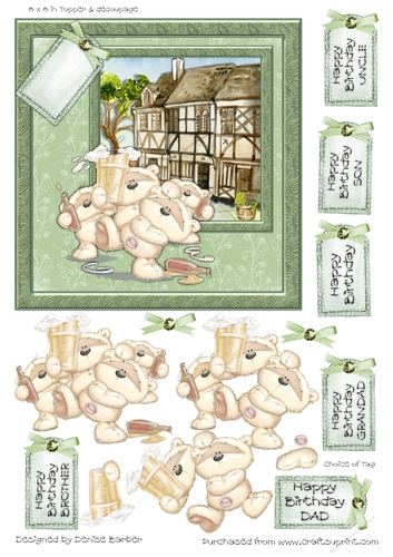 300ddpi -6 x 6in Topper & decoupage - 4 Bears drinking-Male relation-Happy Birthday
