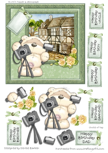 300dpi, 6x6in Topper & Decoupage -Bear Photographer - Birthday - Male, choice of tag