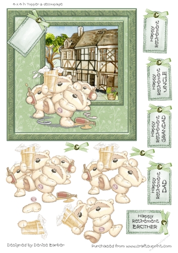 300dpi, 6x6in Topper & Decoupage- 4 Bears drinking - Retirement, Dad Brother,Grandad,Uncle
