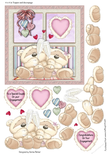 300dpi, 6x6in Topper & Decoupage - 2 Bears Celebrating - Hearts - Champagne - Engagement