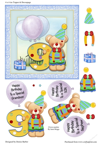300dpi 6x6ins Topper and Decoupage - Birthday Clown - Boy- 9 - Blue
