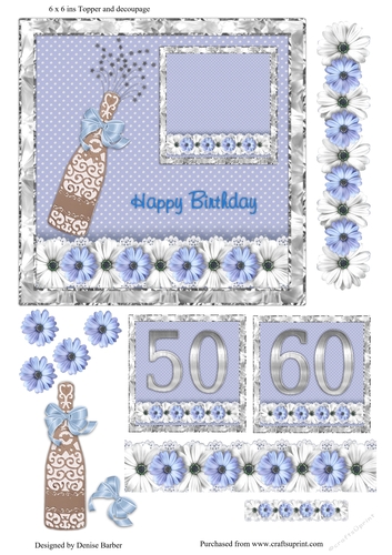 300dpi 6x6in Topper & decoupage - Birthday flowers and bubbly, age 50 and 60