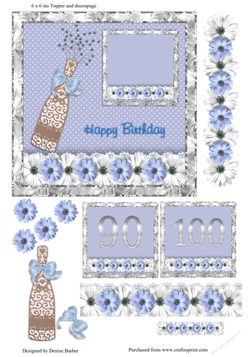 300dpi 6x6in Topper & decoupage - Birthday flowers and bubbly, age 90 and 100