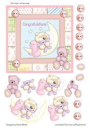 300dpi 6x6in Topper & Decoupage - Baby girl Birth - teddies