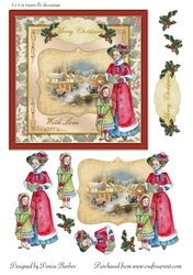300dpi 6x6in Vintage Christmas Scene - Lady and girl - Card 5