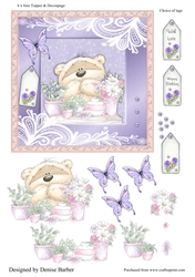 300dpi, 6 x 6 in Topper & Decoupage, female, any occasion, Bear with flowers, butterfly