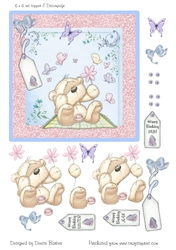 300dpi, 6 x 6 ins Topper & decoupage - Birthday Bear and butterflies-Mum/Nan/Sister