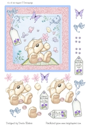 300dpi, 6 x 6 ins Topper & decoupage - Birthday Bear and butterflies-Wife, The One I Love, Fiancee