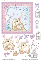 300dpi, 6 x 6ins Topper & Decoupage-Birthday Bear & Butterflies-Daughter/Friend/Auntie/Cousin