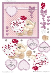 300dpi, 6 x 6 in Topper, Bear with heart present, & decoupage-Husband, Boyfriend- Valentine/Anniversary