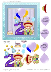 300dpi 6 x 6 ins Topper & Decoupage-Clown Bear 2nd Birthday, son/grandson/Nephew