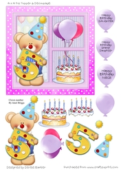 300dpi 6 x 6ins Topper & decoupage-Clown Bear 5th Birthday- Girl, Niece/Daughter/Granddaughter