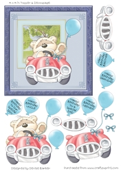 300dpi6x6 in Topper & Decoupage- Birthday Male, Bear with Balloon in car-Dad,Son,Brother,Grandad,Uncle,Brother
