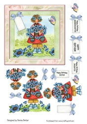 300dpi, 6x6in Topper & decoupage, Birthday-girl with blue flowers- Daughter/Granddaughter/Sister