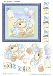 300dpi 6x6 in topper & decoupage-Teddy with presents, Birthday- Husband, Fiance, Boy Friend, Uncle, Brother