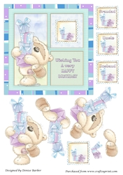 300dpi 6x6in Topper & Decoupage-Teddy with pile of presents-Birthday-Husband, Uncle, Grandad