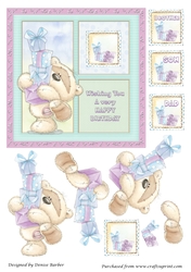 300dpi 6x6in Topper & Decoupage-Teddy with pile of presents-Birthday-Brother, Son, Dad