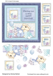 300dpi 6x6in Topper & decoupage-Teddy with lots of presents-Birthday Son/Brother/grandson/Nephew