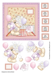 300dpi,6x6ins topper & decoupage, teddies with flowers and presents- Birthday female, Daughter, Daughter-in-law, Auntie, Sister, mum