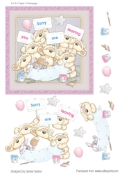 300dpi 6x6ins Topper & decoupage-Teddies and banner- Sorry you are leaving, female/male