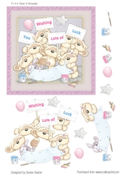 300dpi 6x6ins Topper & decoupage-Teddies and banner- Wish you lots of luck, female/male