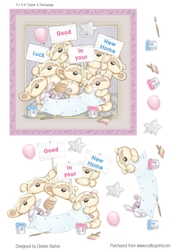 300dpi 6x6ins Topper & decoupage-Teddies and banner- Good luck in your new home, female/male