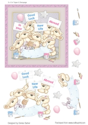 300dpi 6x6ins Topper & decoupage-Teddies and banner- Good luck in your new life abroad, female/male