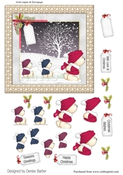 300dpi 6x6in Topper & Decoupage-Christmas Teddy pulling 2 smaller on a sleigh-snowy scene