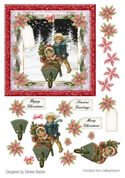 300dpi, 6x6in topper & decoupage- Vintage Christmas, Boy pushing girl in a wheelbarrow