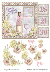 300dpi 6 x 6 in topper & decoupage - Birthday 18/21/30 bottle with pink bow, glass and flowers, pink