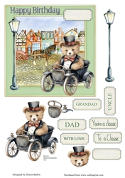300dpi 6x6in topper & decoupage - Top hat bear in a vintage car - Classic, Happy Birthday - Uncle/Grandad/Dad