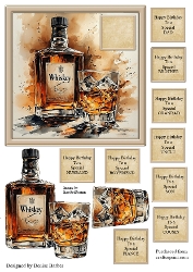 300dpi 6x6ins topper, decoupage, Whiskey bottle and glass, birthday- Dad/Brother/Grandad/Uncle/son/Fiance/Husband/Boyfriend/Son/cousin