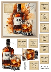 300dpi 6x6ins topper & decoupage- Rum Bottle and glass- Birthday-Dad/Brother/Grandad/Uncle/Cousin/Son/Fiance/Husband/Boyfriend