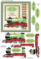 6 x 6 ins Green Train Topper and decoupage, choice of name tag, Birthday
