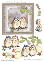 300dpi - 6 x 6ins Christmas Owls topper, decoupage and tags