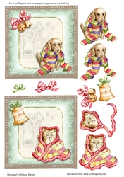 300dpi Two 5 x 5ins Chrtistmas card toppers & Decoupage - Snuggly warm 1 cat, 1 dog